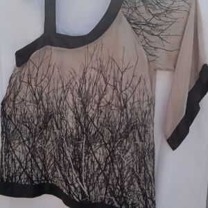 Janette Plus Cream and Black Asymmetrical Short Sleeve Blouse